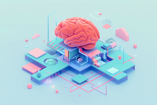 3 d isometric illustration of human brain, pink and blue colors, tech style, health day concept. Generation AI - Powered by Adobe