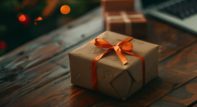 A parcel box wrapped in a ribbon, sitting next to a laptop on a wooden table