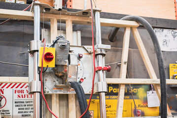 Close-up industrial grade vertical panel saw at hardware home improvement store in Dallas, Texas,...