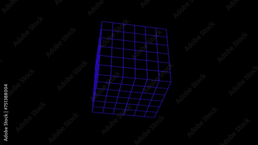 Poster 3d abstract wireframe grid retro cube. neon blue glowing lines. isolated black. rotated animation lo
