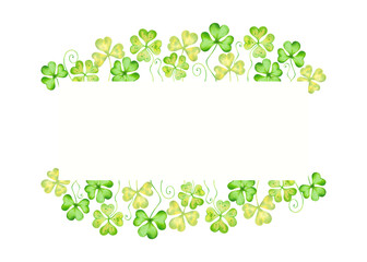 Horizontal frame with clover petals and space for text for St. Patrick's Day.Illustration with watercolors and markers.Hand drawn isolated art.Botanical border with wildflowers.Floral template