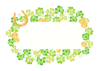 Horizontal frame with clover petals with gold horseshoe and coin and space for text for St. Patrick's Day. Illustration with watercolors. Hand drawn isolated art. Botanical border with wildflowers