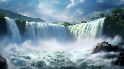 View of beautiful waterfall in tropical rain forest - obrazy, fototapety, plakaty