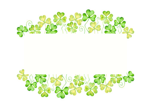 Horizontal frame with clover petals and space for text for St. Patrick's Day.Illustration with watercolors and markers.Hand drawn isolated art.Botanical border with wildflowers.Floral template
