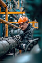 Male worker inspecting steel long pipes in station oil factory. Visual check pipeline oil and gas industry. Precision checks on long pipes at the oil station.