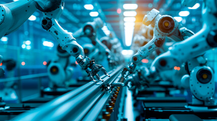 Robots working on a segment of the assembly line, showcasing the harmony and communication between technology.
