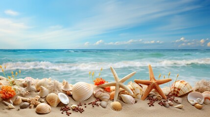 Fototapeta na wymiar Summer beach with starfish and shells.