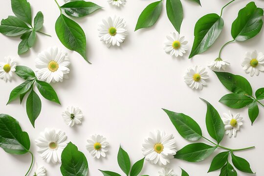a group of white flowers and green leaves