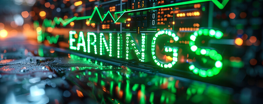 Glowing green EARNINGS sign on server room equipment, symbolizing financial growth, revenue tracking, and digital analytics in the technologically driven business landscape