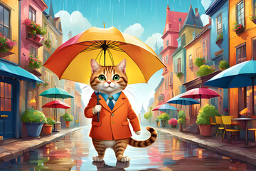 A cat with umbrella. Generative AI