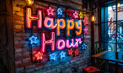 Vibrant neon sign with the words Happy Hour and colorful symbols, lighting up a brick wall, inviting to discounted leisure time at a bar or pub