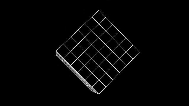  3d abstract futuristic black and white retro wireframe grid cube. 80s 90s geometric math background. Animation 30fps 4k loop 