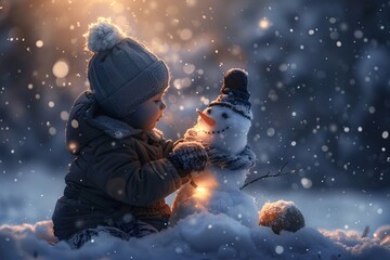 Fototapeta na wymiar a child playing with a snowman