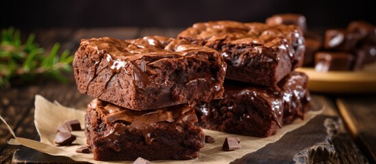 A stack of homemade chocolate brownies sits on top of a warm wooden table, showcasing their delicious and irresistible appearance. - obrazy, fototapety, plakaty
