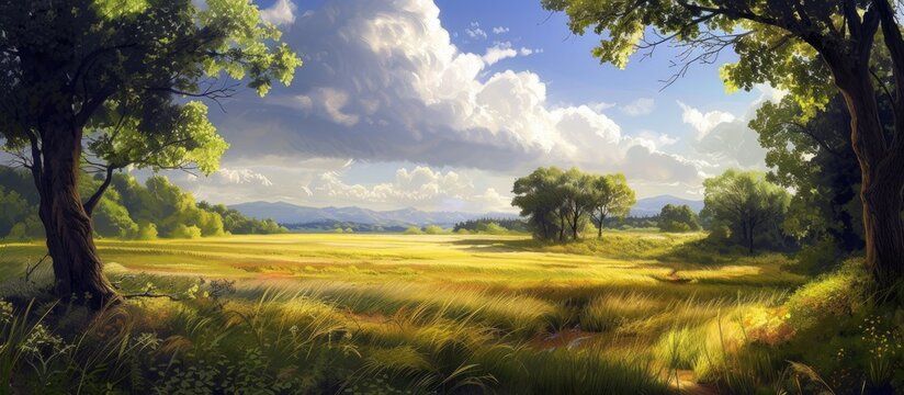 This painting depicts a serene field dotted with trees and lush grass. The trees stand tall, casting shadows on the green landscape. The vibrant colors capture the beauty of nature in this idyllic