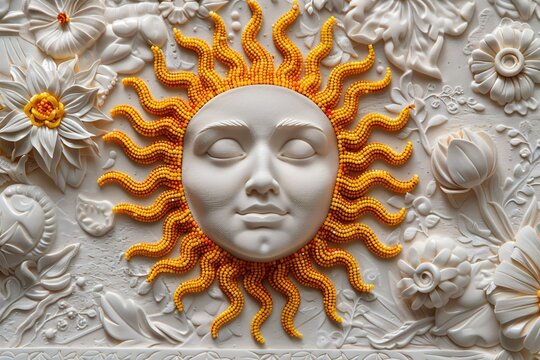 a sculpture of a sun with a face and flowers
