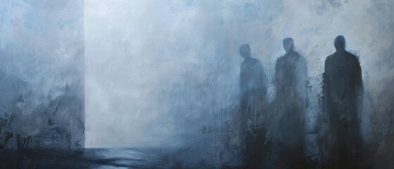 Past Shadows, Cool blue and gray figures, Memory and time contemplation