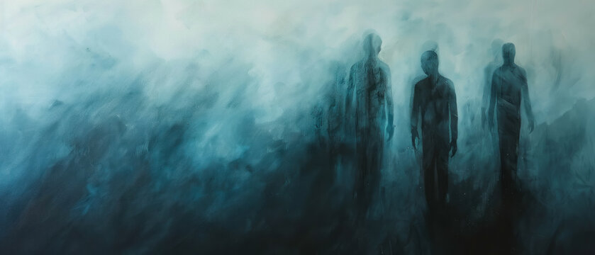 Past Shadows, Cool blue and gray figures, Memory and time contemplation
