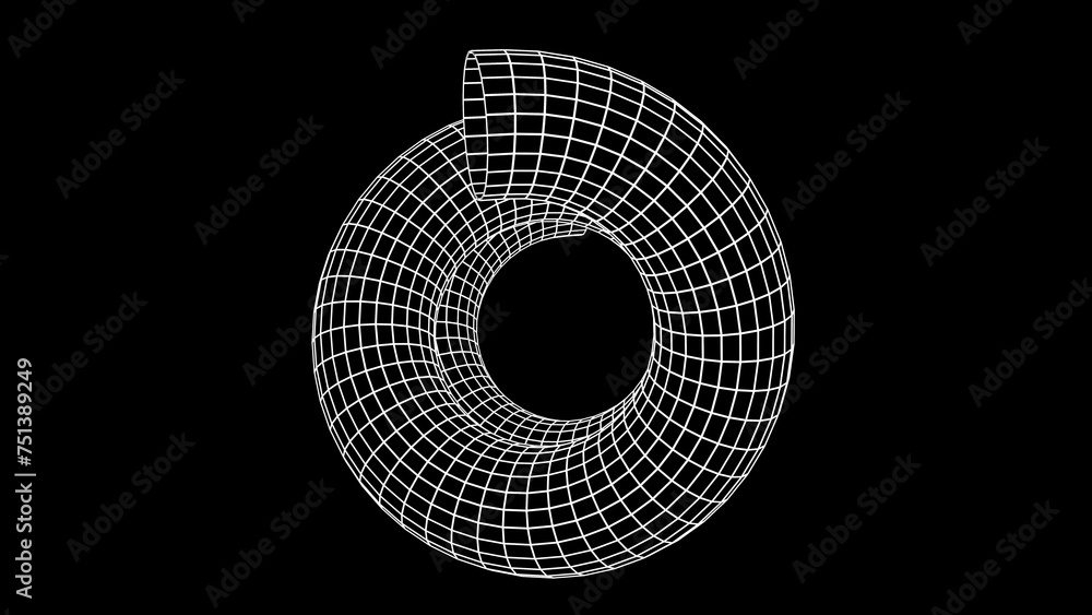 Aufkleber 3d render of a neon white spiral wireframe shape. abstract grid tunnel in space. retro futuristic.