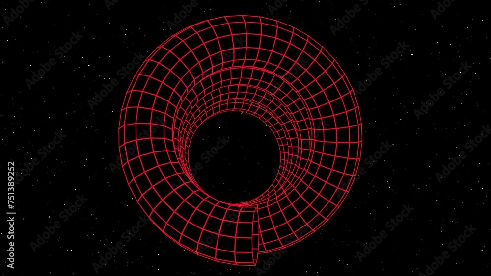 Poster 3d render of a neon red spiral wireframe shape. abstract grid tunnel in space. retro futuristic.