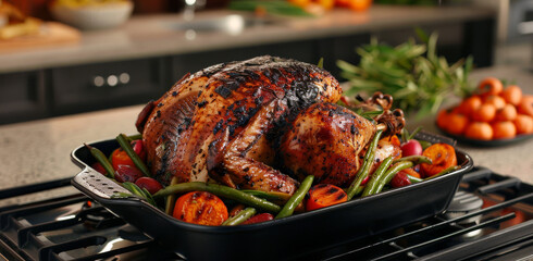 Fototapeta premium roasted turkey with oranges and citrus leaves