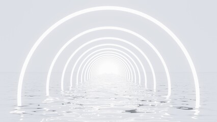 3d abstract white neon glowing futuristic tunnel. Room light space technology stage floor background. Retro studio corridor render modern interior silver road