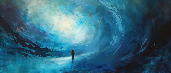 Inner Journey, Figure in indigo and turquoise, Surreal thoughts landscape