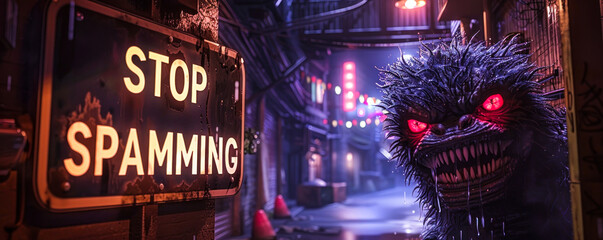 Humorous concept of digital etiquette with a Stop Spamming sign and a menacing mythical creature lurking in a dark, urban alleyway, symbolizing internet trolls and cyber nuisances - obrazy, fototapety, plakaty
