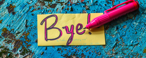 Handwritten Bye! farewell message on a yellow sticky note with pink marker, symbolizing parting, goodbyes, end of communication, or leaving
