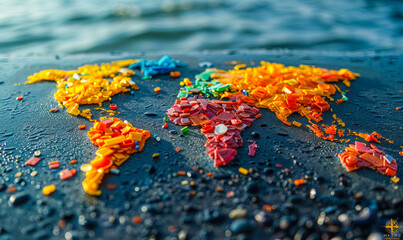 Global environmental issue of microplastic pollution depicted by colorful plastic debris forming world map, highlighting the ecological impact on Earth