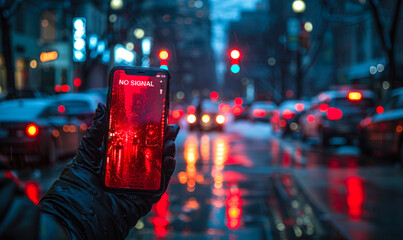 Person holding up a mobile phone displaying NO SIGNAL message on a city street at night, illustrating connectivity issues and urban communication challenges - obrazy, fototapety, plakaty