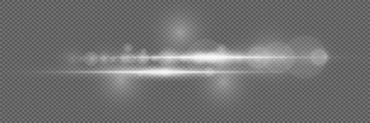 Horizontal light rays, glowing white line. Flash of light and explosion. On a transparent background.