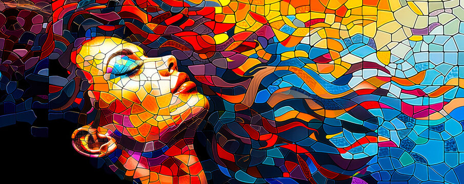 Vibrant geometric mosaic of a woman's profile with flowing hair, encapsulating creativity, diversity, and the essence of modern digital art expression