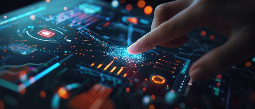 A finger interacts with a touch screen featuring crucial data, incorporating artificial intelligence, graphs, and data science formulas 