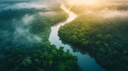 Aerial view of a mist-covered rainforest at sunrise, with the winding river reflecting the warm sunlight amidst the lush greenery.