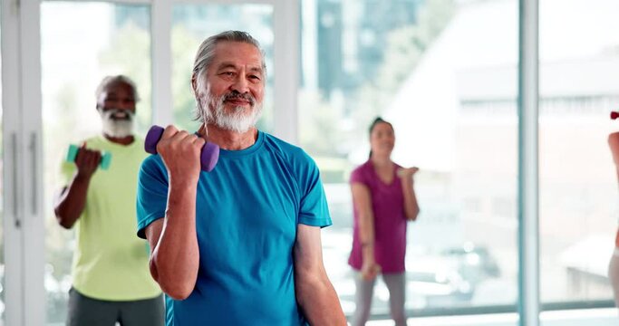 Fitness, class and senior people with weights for exercise, training and cardio workout in gym. Sports, retirement and elderly men and women with equipment for wellness, healthy body or exercise club