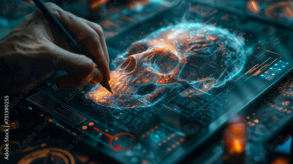 Poster close-up of a hand with a stylus interacting with a futuristic transparent screen displaying a glowi