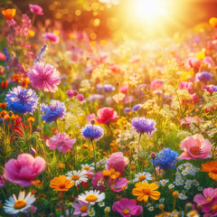 Obraz na płótnie Canvas Colorful wildflowers in springtime in the meadow. Generative AI