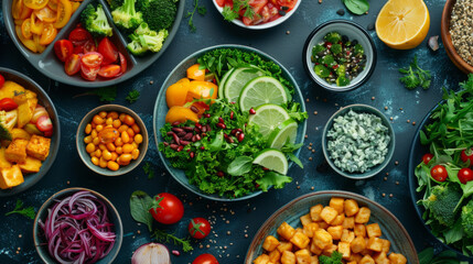 A variety of healthy dishes arranged on a dark blue surface, including salads, roasted vegetables, and bowls of chickpeas and beans, surrounded by fresh ingredients like tomatoes, herbs, and citrus. - obrazy, fototapety, plakaty