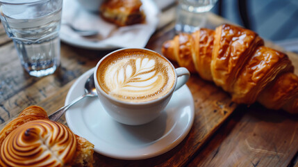 A cup of cappuccino with latte art an croassant breakfast on a coffee house bistro table in the sunshine - Powered by Adobe