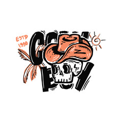 Vintage retro hand drawn cowboy skull vector, Cowboy typography sketch illustration