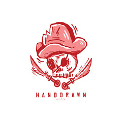 Vintage retro hand drawn pirate skull with sword vector, Captain skull sketch illustration