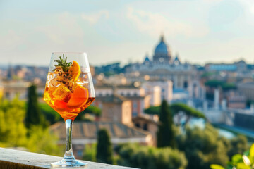 A classic spritz cocktail with the city of Rome in the background