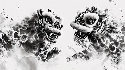 Chinese lion dance cultural elements Chinese ink cartoon illustration
 - obrazy, fototapety, plakaty