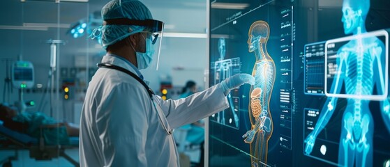 A doctor, donning a face mask and shield, endeavors to diagnose an illness using a state-of-the-art holographic display