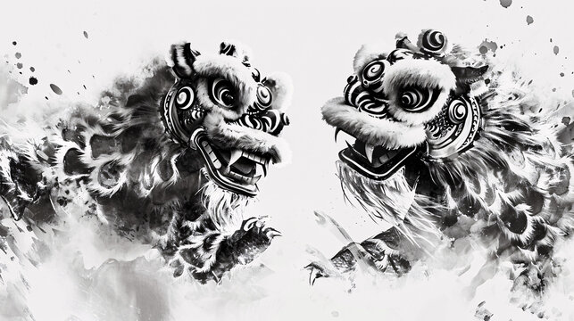Chinese lion dance cultural elements Chinese ink cartoon illustration

