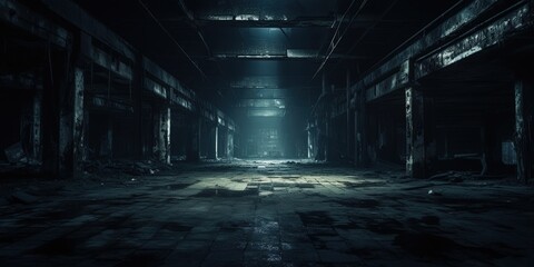 Inside a dark and dim abandoned building or public facility. Dark and dim remains or ruins of a modern building complex.