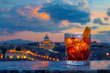 A classic Negroni cocktail with the city of Rome in the background