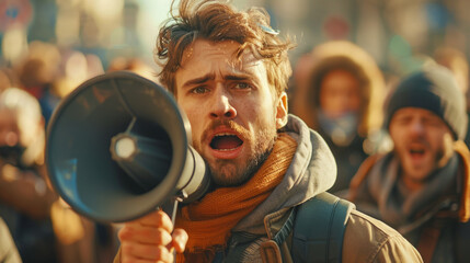 A passionate male activist speaks into a megaphone at a protest, with a crowd of demonstrators in the background, expressing determination and a call to action in a sunlit urban setting.