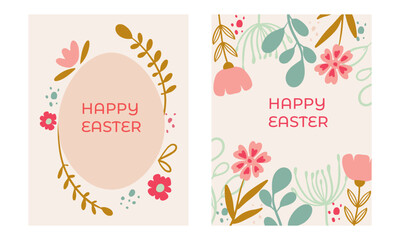 Naklejka premium Happy Easter, decorated geometric style Easter card set. Easter egg, flowers and text in modern minimalist style. Abstract flowers, and egg.